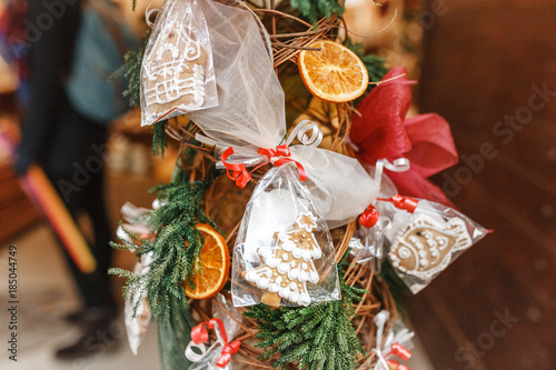 Christmas homemade gingerbread cookies for sale at new year fair photo