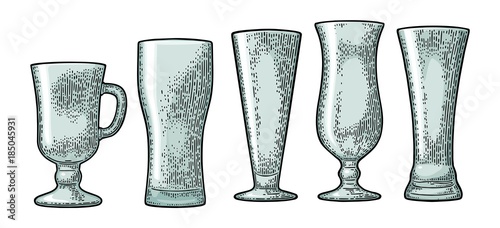 Empty glass beer and cocktail. Vector engraving black vintage