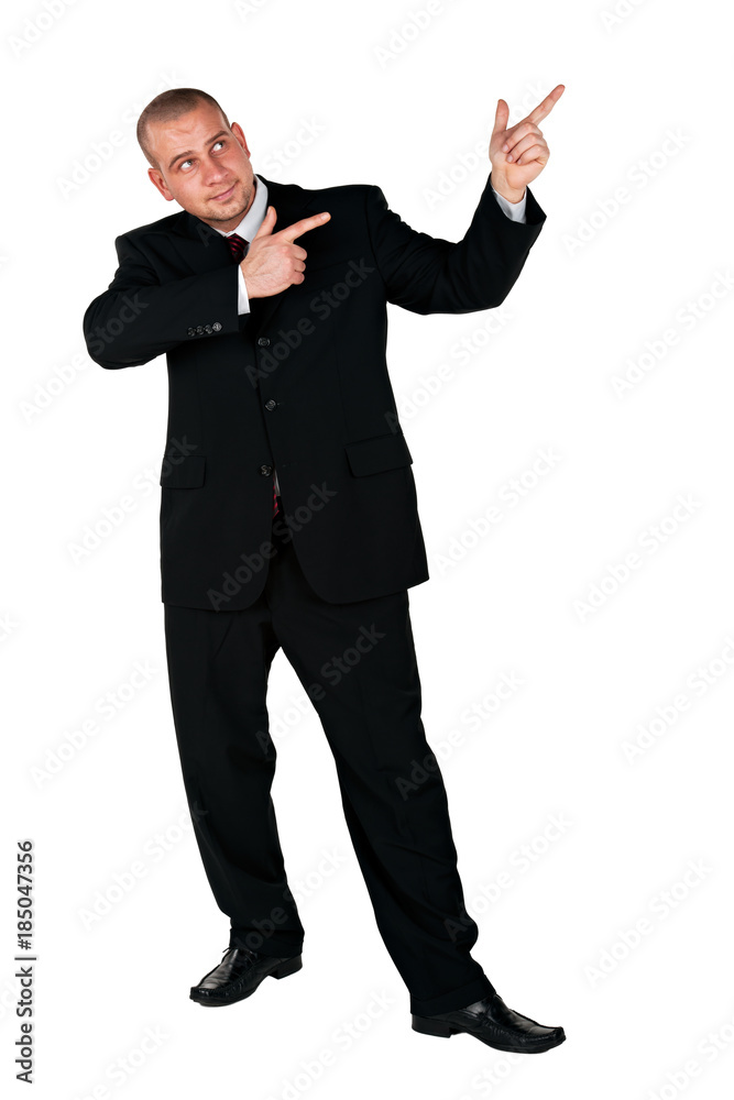 Fototapeta premium Businessman pointing at copy space against white background