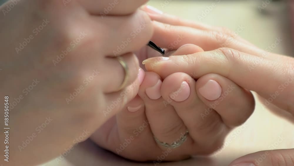 Woman having manicure in beauty salon. Manicure specialist applying transparent varnish on clients nails. Beautician making manicure close up. Woman having manicure in beauty salon. Manicure specialist applying transparent varnish on clients nails. Beautician making manicure close up.