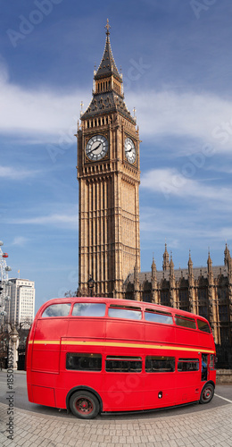 Big Ben with double decker bus in London  England  UK