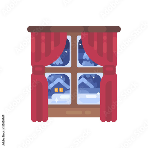 Winter window with red curtains flat illustration. Christmas flat icon