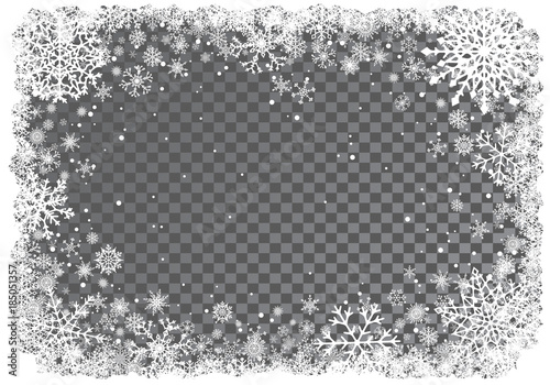 Christmas white frame of snowflakes on transparent background. Snowfall. New-Year winter background. Vector illustration.