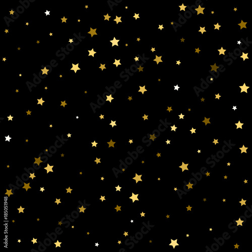Holidays card template with abstract golden star shaped confetti background.