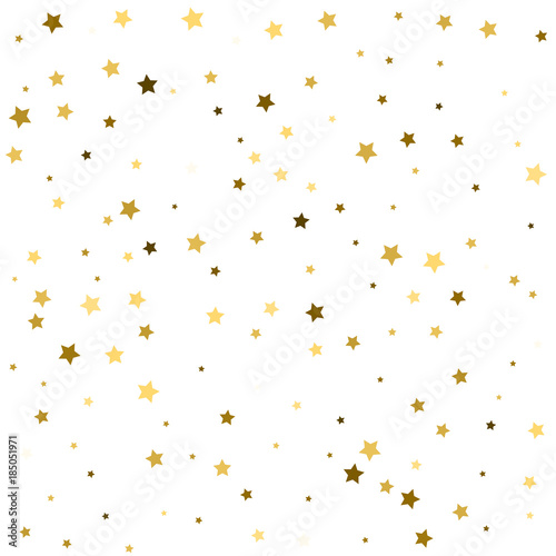 Abstract pattern of random falling gold stars on white background. Glitter pattern for banner  greeting card  invitation  postcard  paper packaging. Vector illustration.
