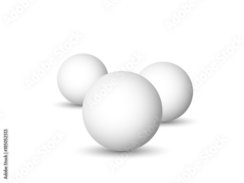 Three white spheres  balls or orbs. 3D vector objects with dropped shadow on white background.