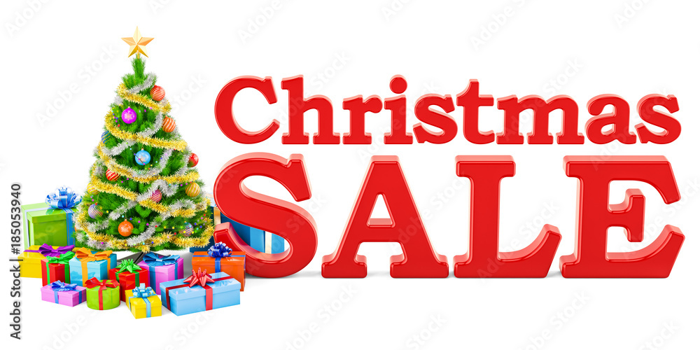 Christmas sale and discount concept with Christmas tree and gift boxes. 3D rendering