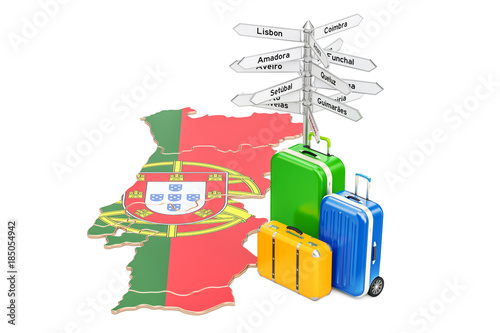 Portugal travel concept. Portuguese map with suitcases and signpost, 3D rendering