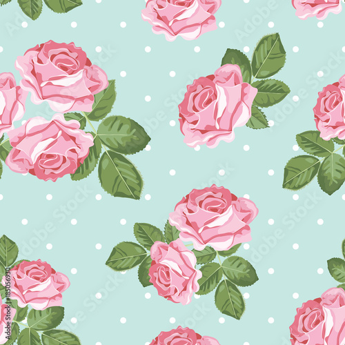 Shabby chic rose seamless pattern on polka dot background