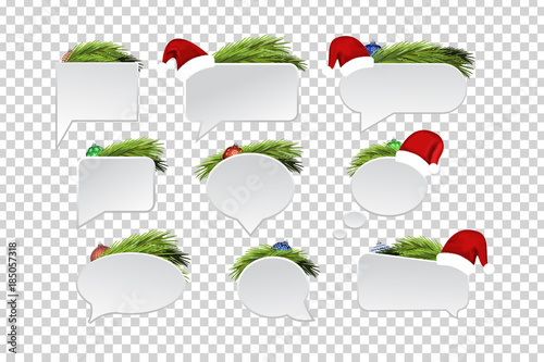 Vector set of realistic isolated speech bubbles with fir branches and Santa Claus hat for decoration and covering on the transparent background. Concept of Merry Christmas and Happy New Year.