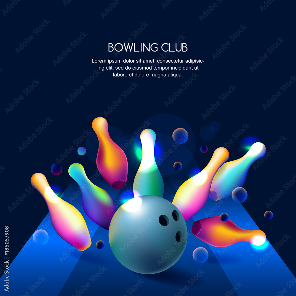 Fototapeta premium Vector glowing neon bowling club banner or poster with multicolor 3d bowling balls and pins.