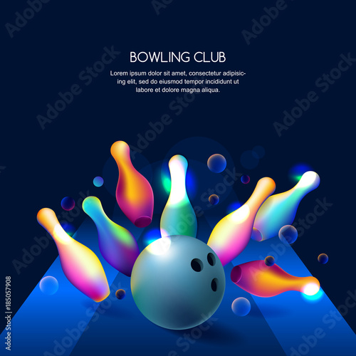 Vector glowing neon bowling club banner or poster with multicolor 3d bowling balls and pins.