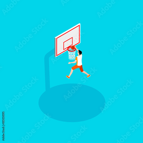 basketball and streetball in the isometric style, the guy sportsman throws the ball into the basketball ring