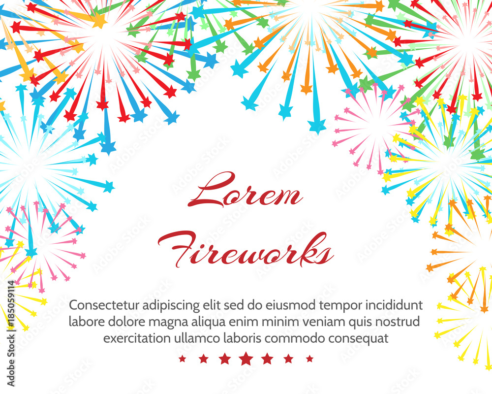 Fireworks wedding background. Vector white pyrotechnics colouring weddings invitation pattern with text