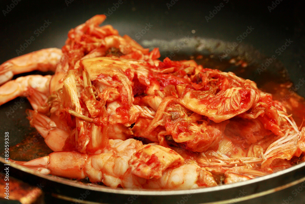 Korean food,Fried Baechu Kimchi with prawn. Korean food,Fried Baechu Kimchi with prawn.