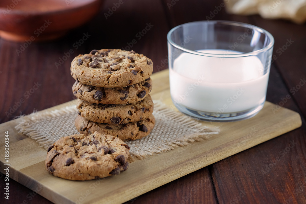 Glass of milk and chocolate chip cookies for the breakfast. Glass of milk and chocolate chip cookies for the breakfast.