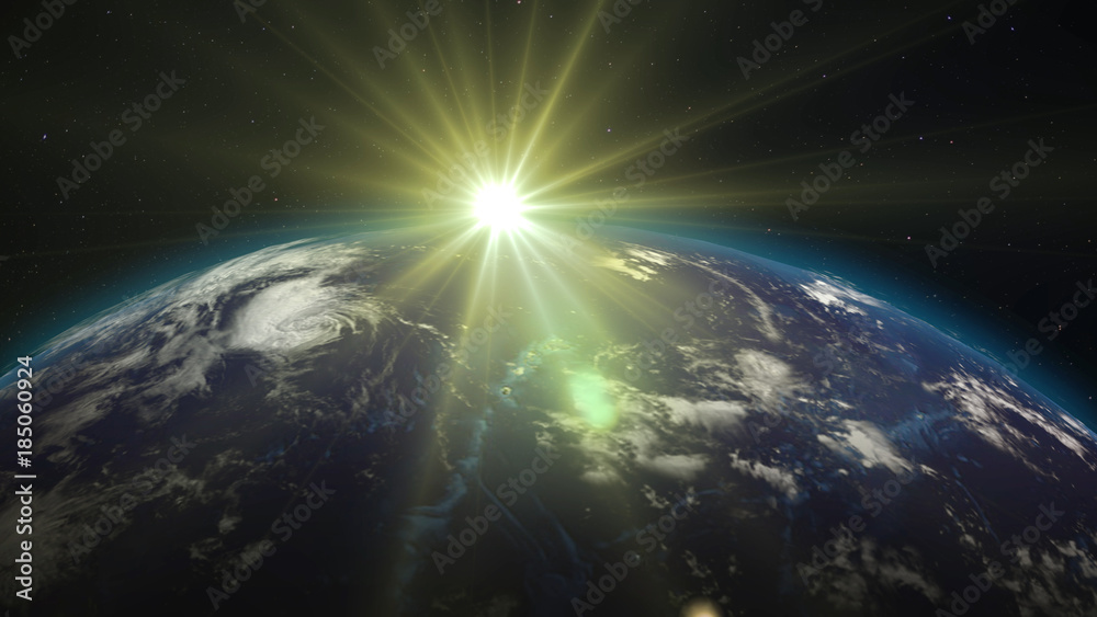 Fototapeta premium 3D rendering Earth from space against the background of the starry sky and the Sun. Shadow and illuminated side of the planet with cities. Through the atmosphere of the planet can be seen the sunrise