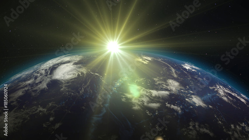 Fototapeta Naklejka Na Ścianę i Meble -  3D rendering Earth from space against the background of the starry sky and the Sun. Shadow and illuminated side of the planet with cities. Through the atmosphere of the planet can be seen the sunrise