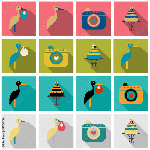 Set of weddings icons in flat style with shadow