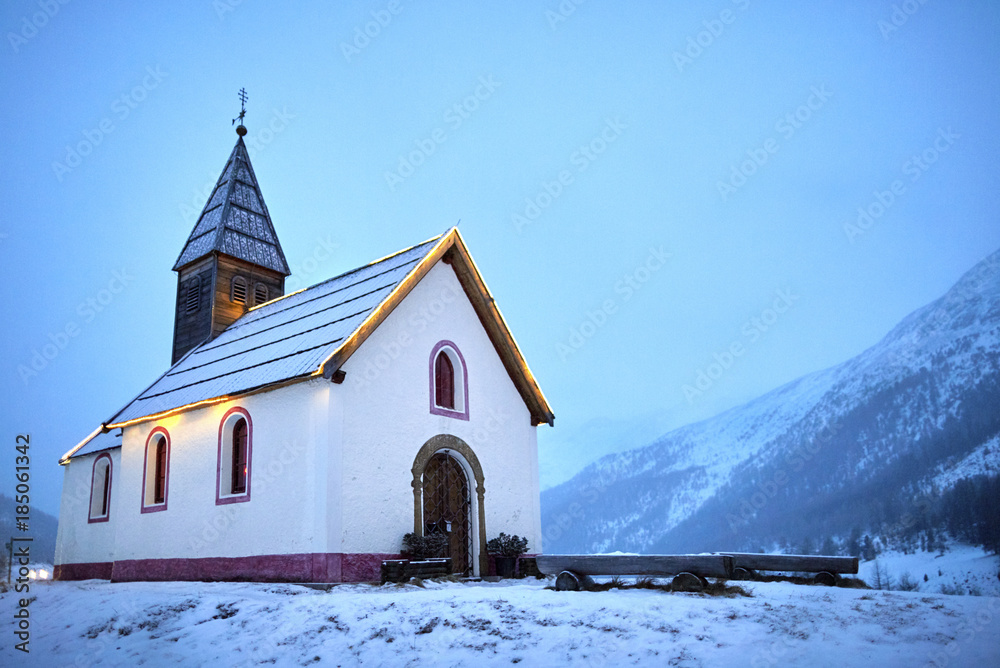 Old church in the snow. Church at the foot of the glacier. Maso Corto, Sudtirol, Bolzano, Alps, Italy. Maso Corto church
