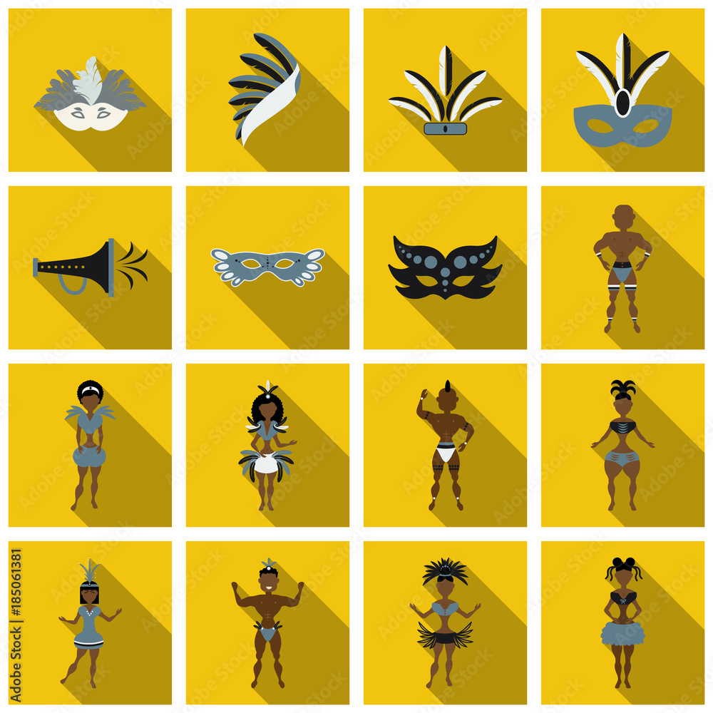 Set of Brazilian samba dancers and carnival masks . Vector carnival girls wearing a festival costume is dancing.