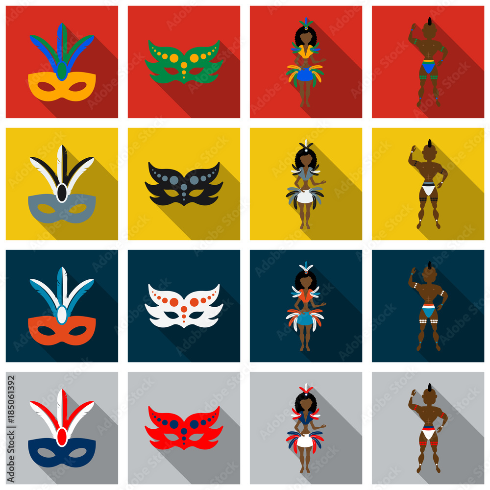 Set of Brazilian samba dancers and carnival masks . Vector carnival girls wearing a festival costume is dancing.