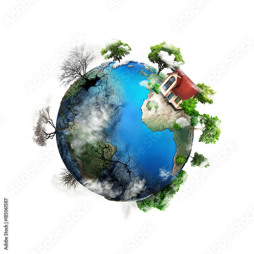 Eco-concept. The sphere of the earth with a bright side and a darker side. One side is green with the house, the other side is empty and dry with a drought.