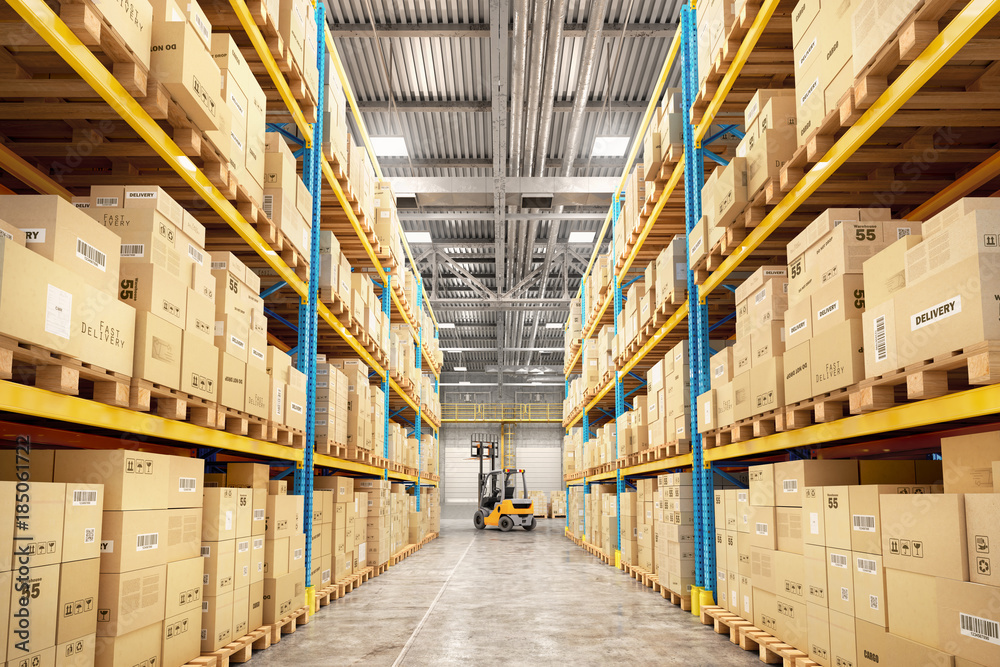 Concept of warehouse. The forklift between rows in the big warehouse