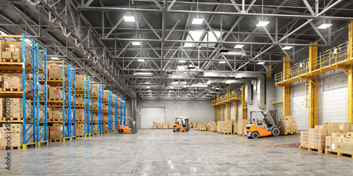 Concept of warehouse. The forklift between rows in the big warehouse. 3d illustration