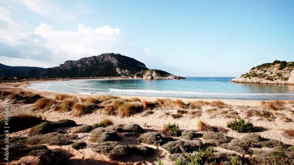 The famous Voidokilia Beach in Messinia Greece Peloponnese, mediterranean Europe. Holidays travel adventure concept. Time lapse The famous Voidokilia Beach in Messinia Greece Peloponnese, mediterranean Europe. Holidays travel adventure concept. Time lapse