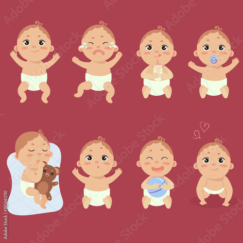 Cute little baby in diaper with different emotions