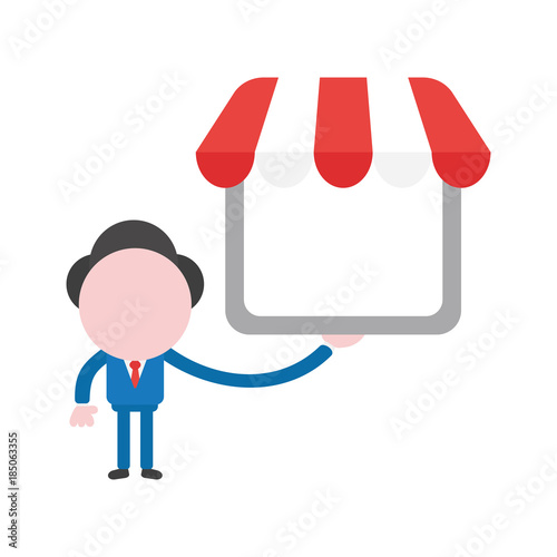 Vector illustration concept of faceless businessman character holding shop with awning