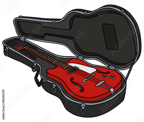 The classical red electric guitar in a hard case