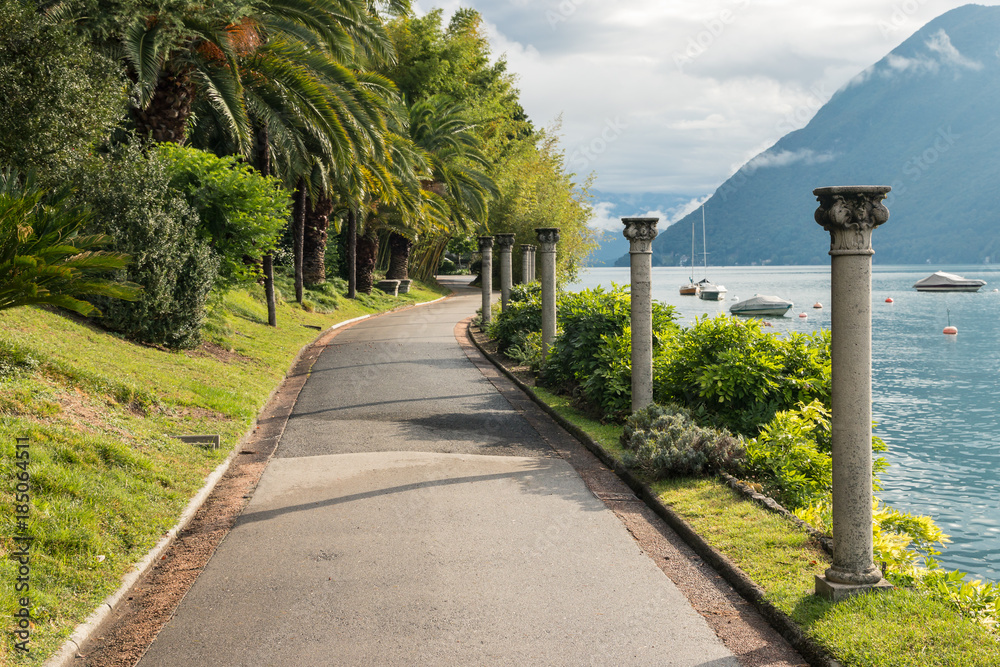 waterfront promenade at lake Lugano in Switzerland