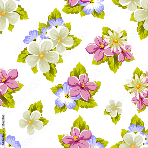 Floral seamless pattern of several flowers and leaves. For design of cards, invitations, posters, banners, greeting for birthday, Valentine's day, wedding, party, holiday, celebration.