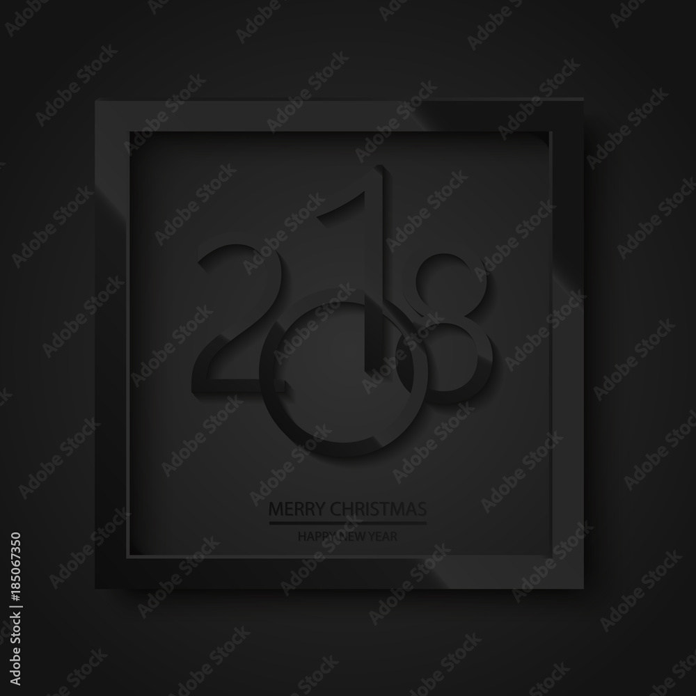 Happy New Year 2018 black background with glossy black frame and text. Christmas greeting card. Vector Happy New Year 2018 black background with glossy black frame and text. Christmas greeting card. Vector