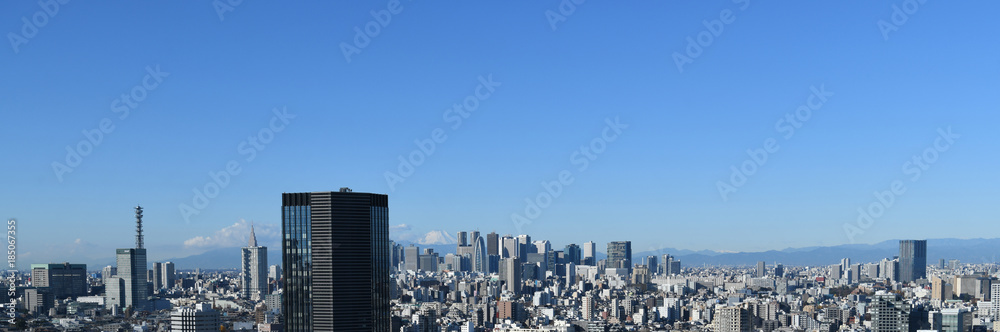 日本の東京都市風景「富士山と新宿などの超高層ビル群や街並みなどを望む」