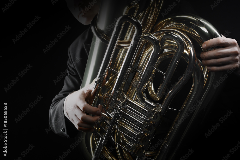 Tuba brass instrument. Wind music horn player - obrazy, fototapety, plakaty 