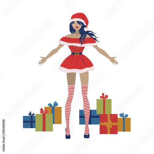  Santa Claus woman with gift boxes. Sexy girl wearing Santa dress with Christmas presents vector isolated illustration.