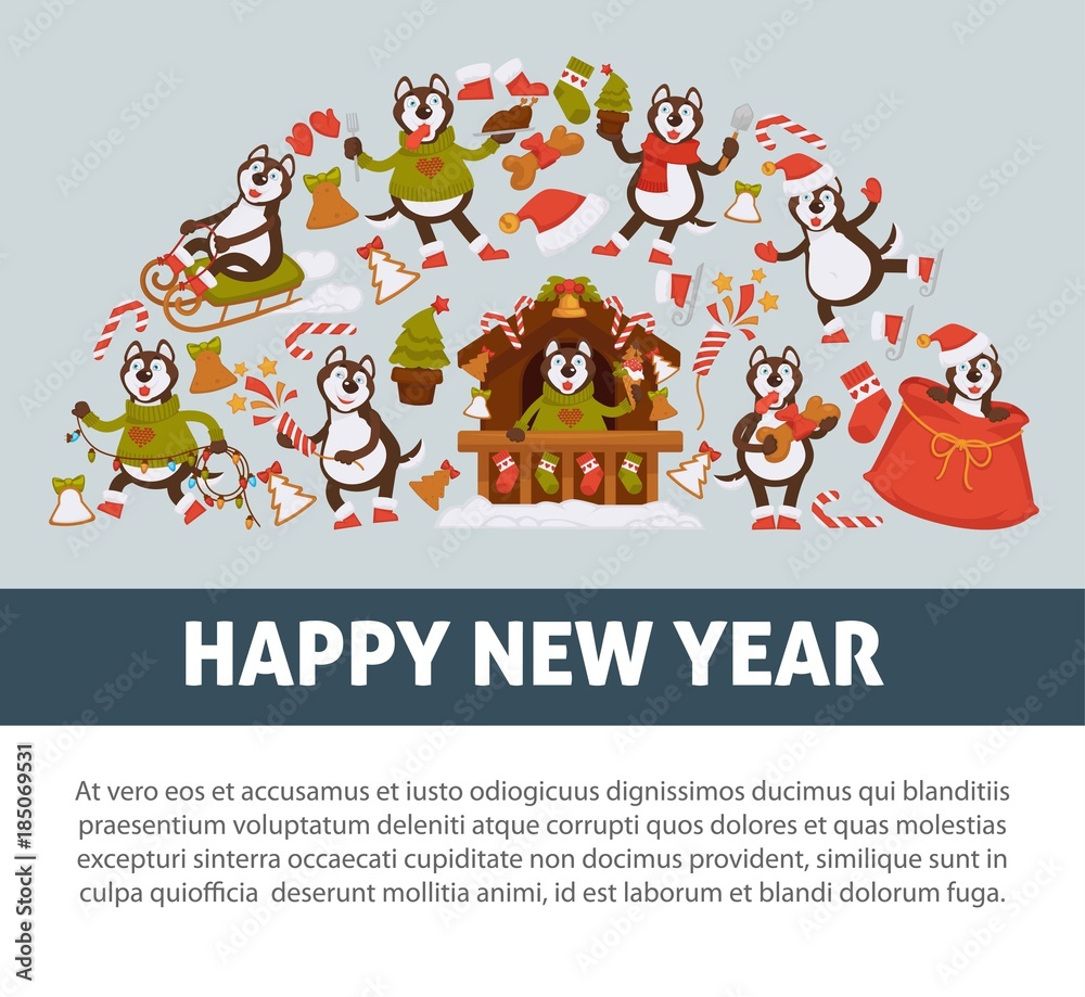 Fototapeta premium Happy New Year 2018 poster with Husky dog in festive warm clothes, in wooden house with Christmas decorations and winter