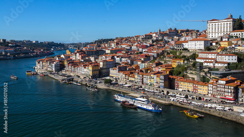Bird's-eye view Douro river and Ribeira from Dom Luis I bridge in old downtown of Porto, Portugal.