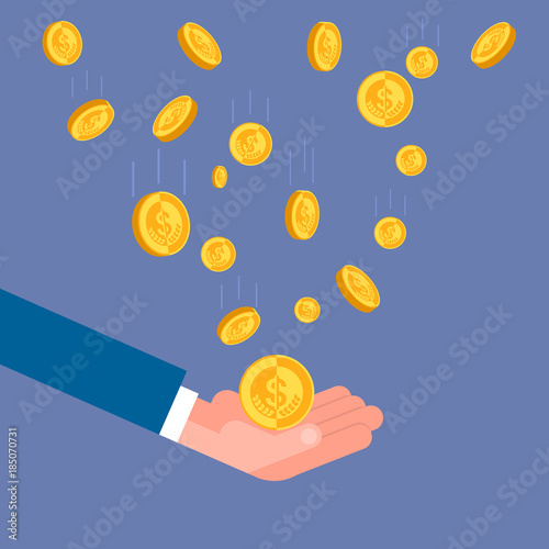Business Man Hand Throwing Golden Coins Up Rich Businessman Financial Success Concept Flat Vector Illustration
