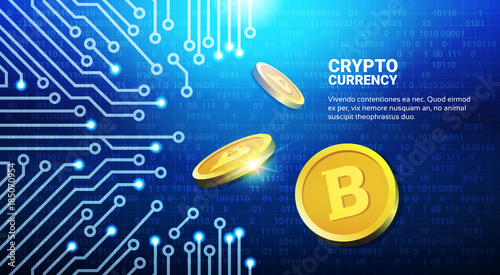 Golden Bitcoins On Blue Circuit Background Crypto Currency Mining Network Concept Vector Illustration