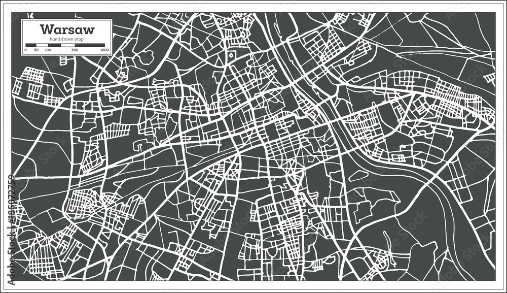 Naklejka premium Mapa Warszawy w stylu retro.