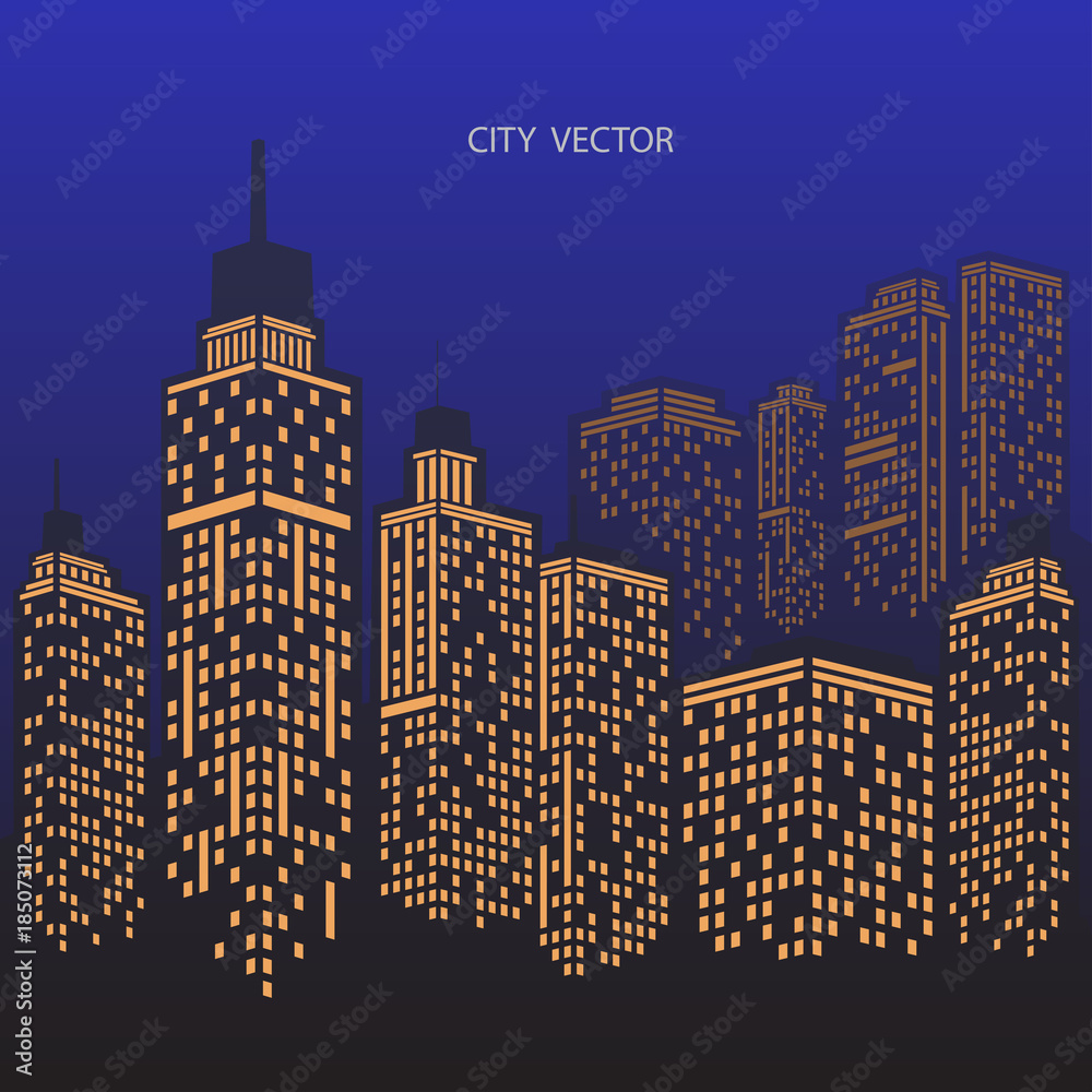 Fototapeta premium Night city Urban landscape. Blue city silhouette.