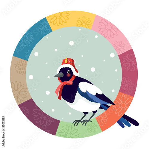 The magpie wearing a traditional Korean hat. Korean New Year Day.