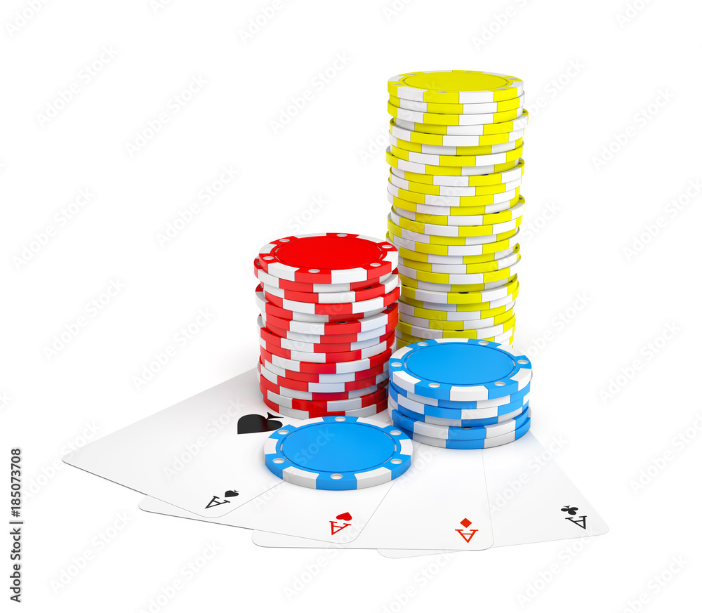 Fototapeta premium 3d rendering of multicolored casino chips with four different ace cards isolated on a white background.