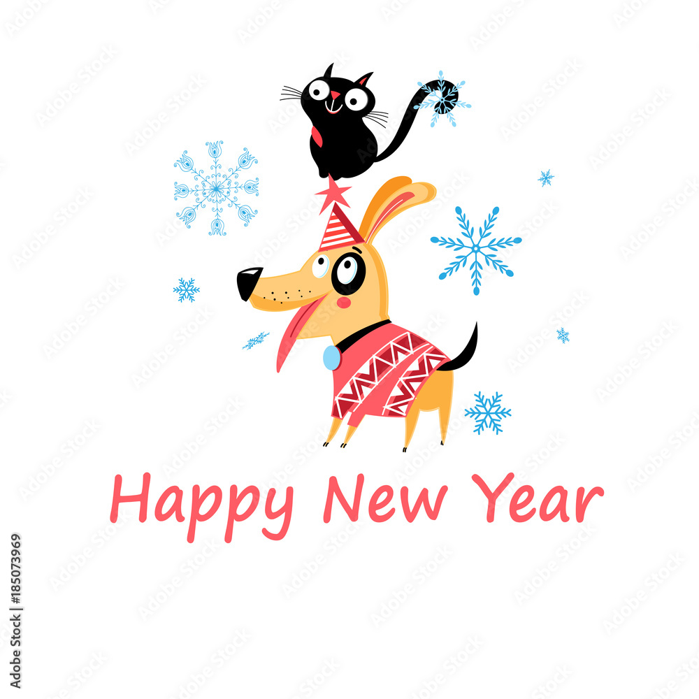 New Years bright postcard with a cat and a dog