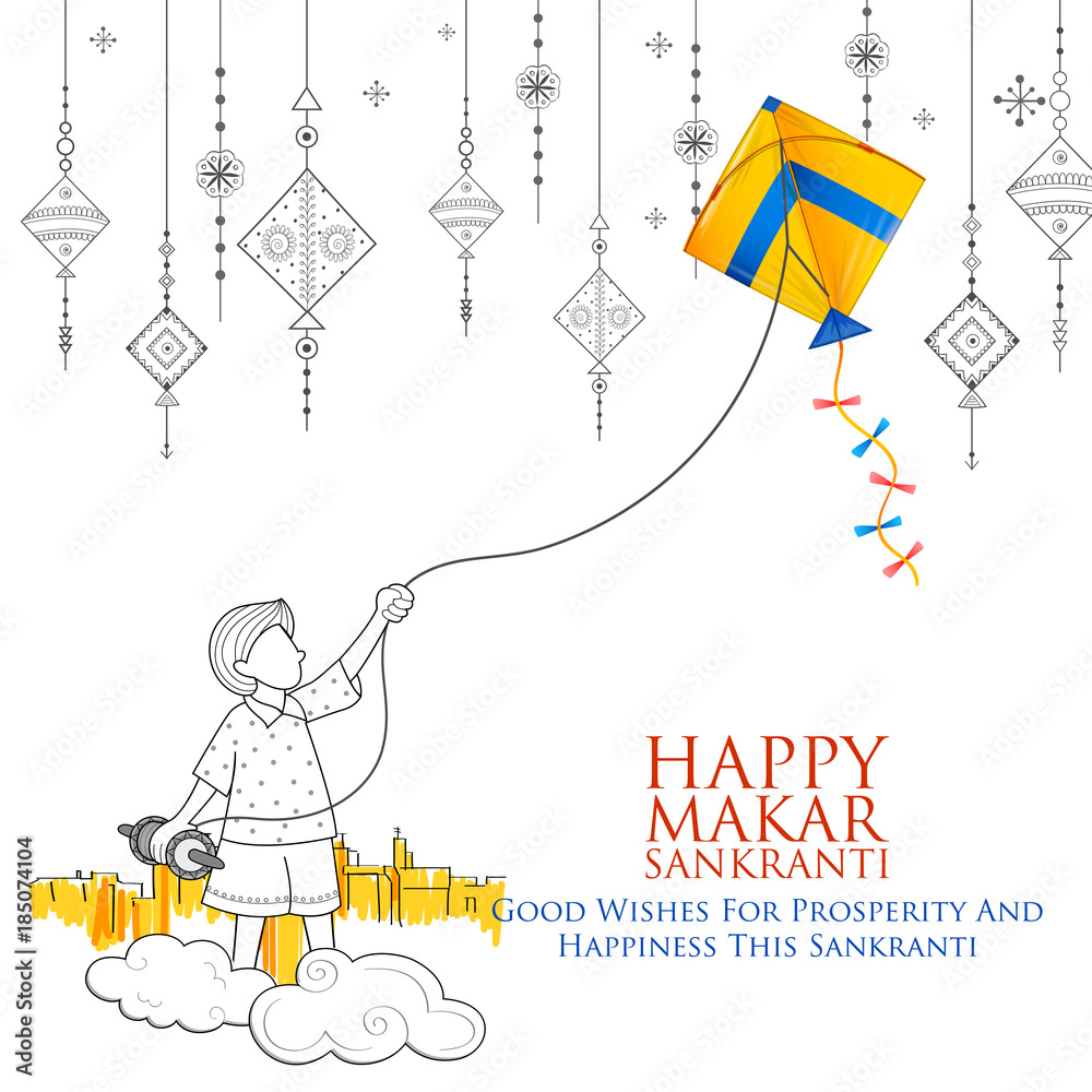 Fototapeta premium Happy Makar Sankranti wallpaper with colorful kite string for festival of India