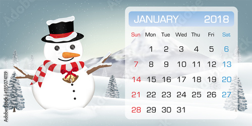 calendar of JANUARY 2018 month   snowman winter